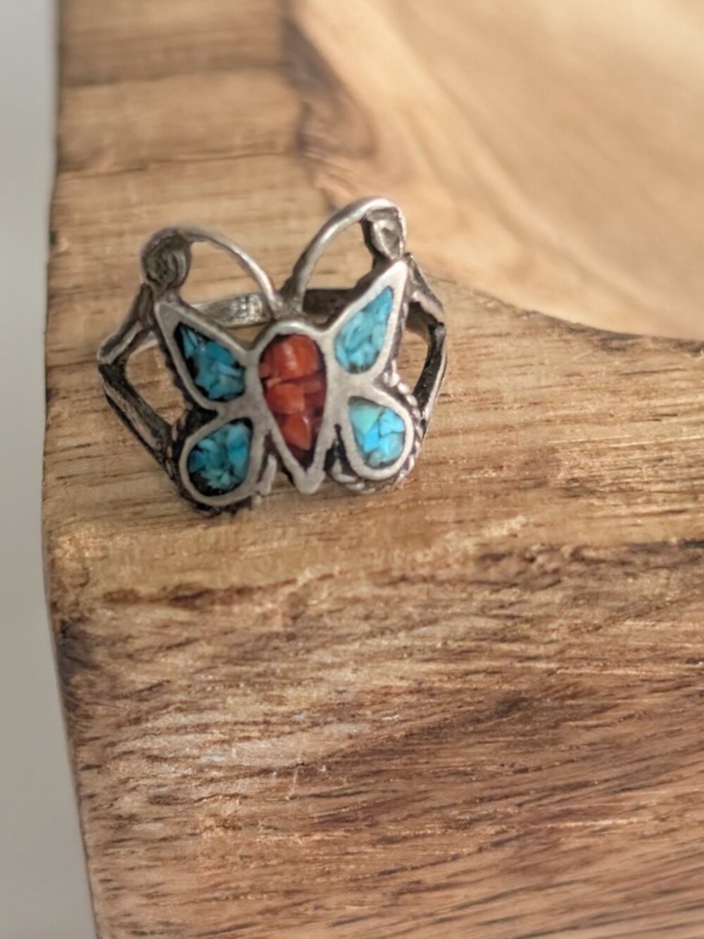 Vintage Navajo Turquoise Coral Chip Inlay Butterfly Ring Sz 4.25